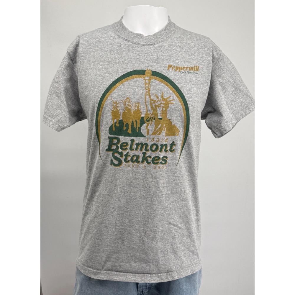 Vintage 2001 Belmont Stakes T-Shirt Mens Large Grey Peppermill Horse Race 133rd